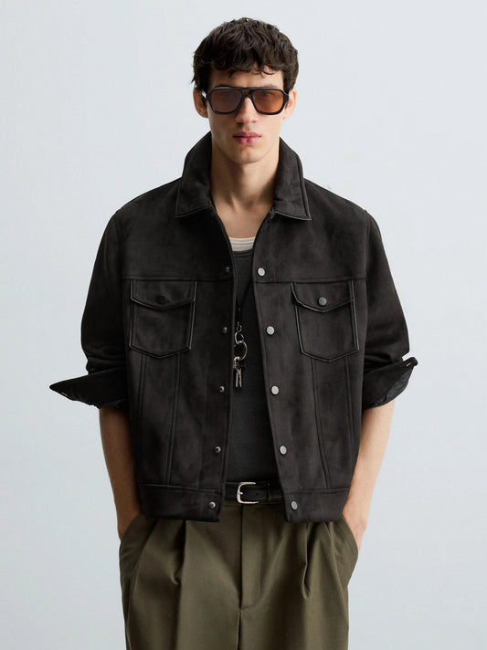 Men’s Premium Leather Suede Trucker Jacket in Onyx Black
