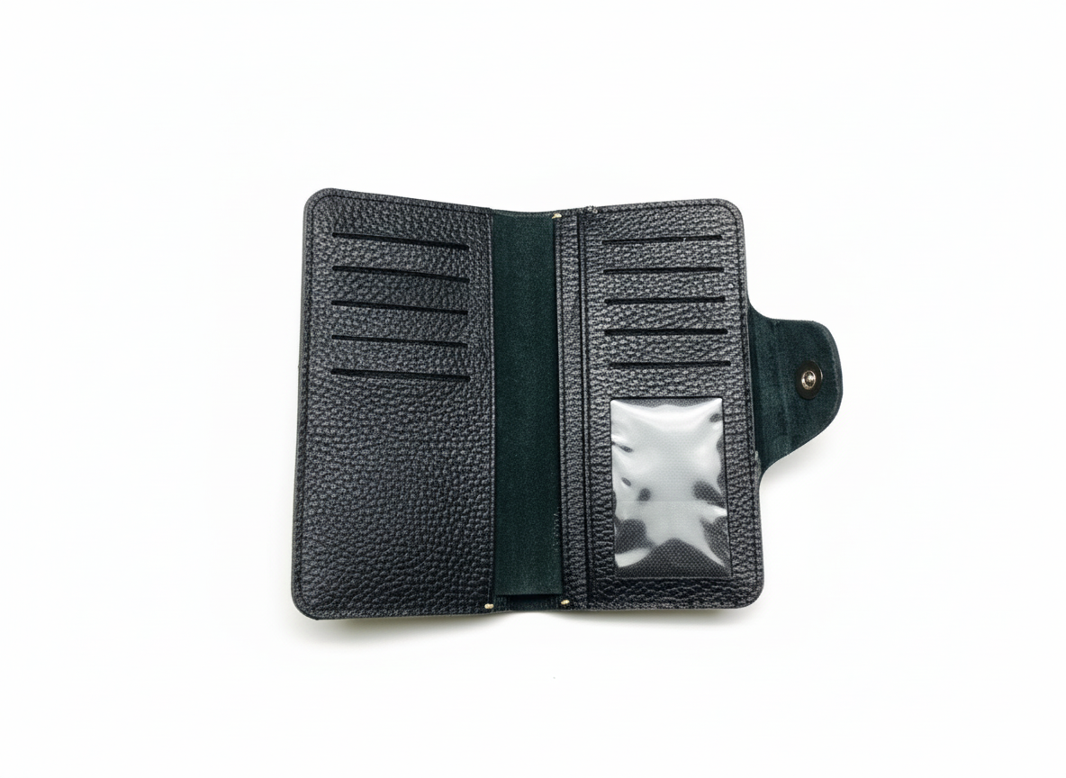 Classic Black Genuine Leather Button-Closure Wallet