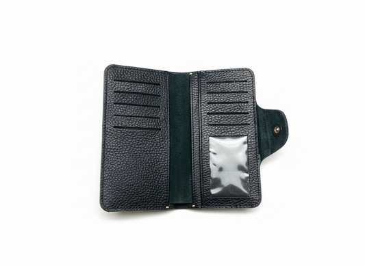 Classic Black Genuine Leather Button-Closure Wallet