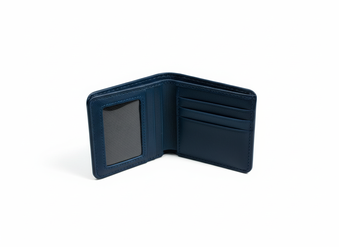Navy Blue Genuine Leather Bifold Wallet with ID Window