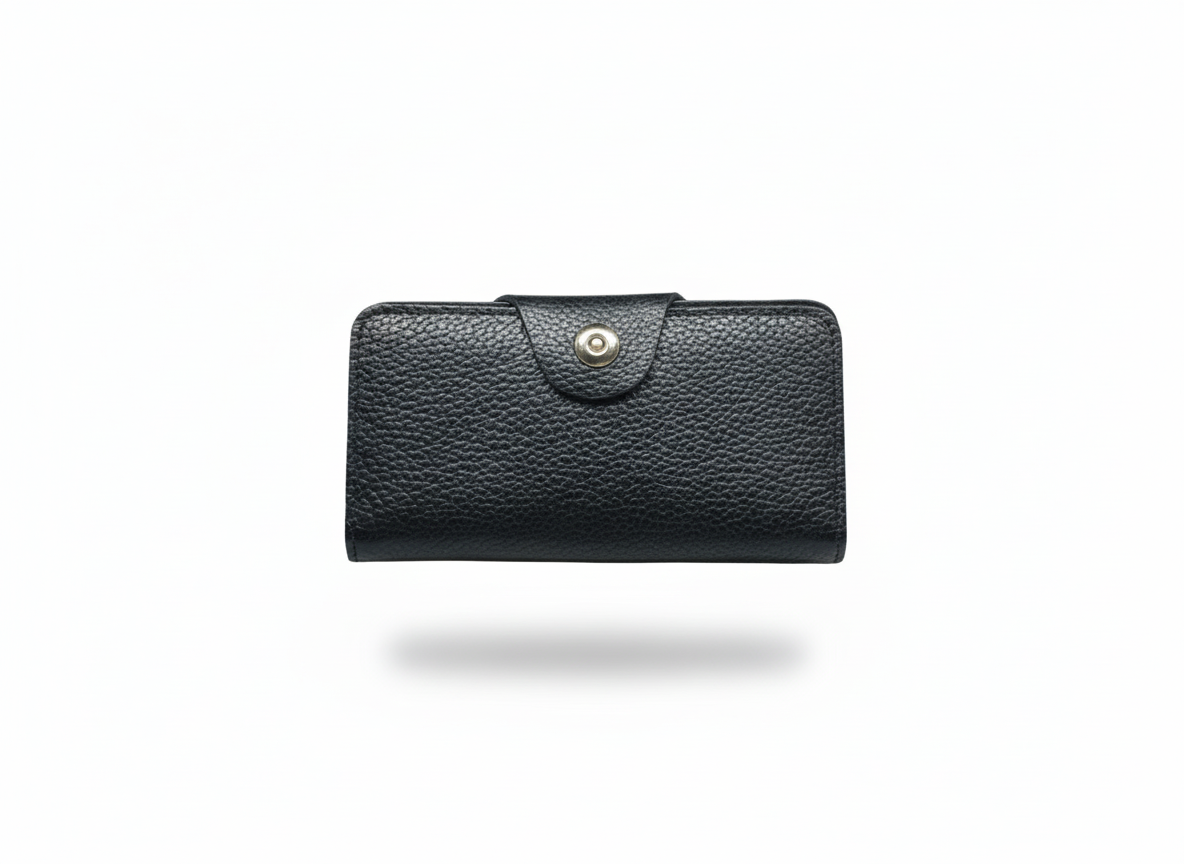 Classic Black Genuine Leather Button-Closure Wallet