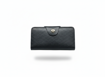 Classic Black Genuine Leather Button-Closure Wallet