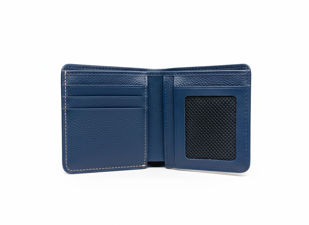 Navy Blue Genuine Leather Bifold Wallet with ID Window