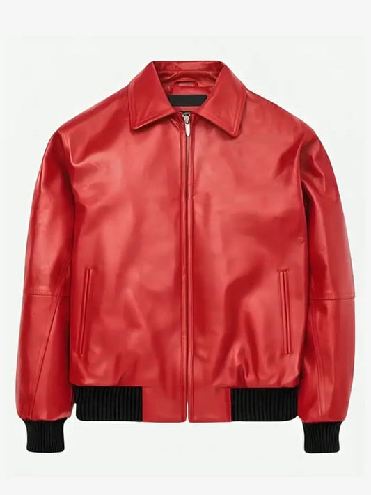 Men’s Red Leather Bomber Jacket – Black Double Eagle Back Print