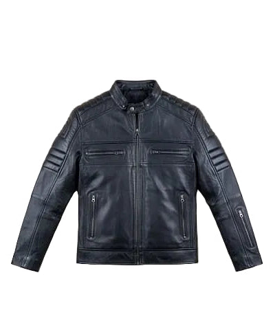 Men’s Black Genuine Leather Biker Jacket – Stand Collar Zipper Style