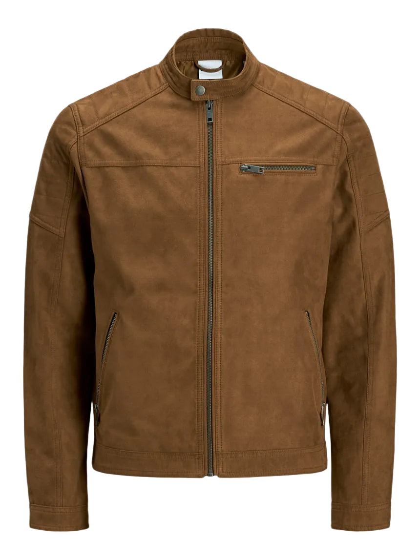 Men’s Tan Brown Leather Jacket – Classic Stand Collar Zip-Up