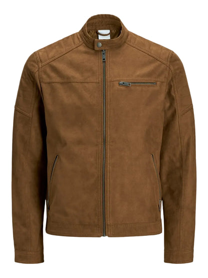 Men’s Tan Brown Leather Jacket – Classic Stand Collar Zip-Up