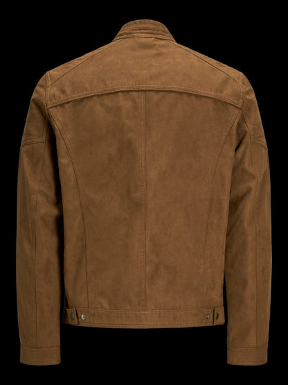 Men’s Tan Brown Leather Jacket – Classic Stand Collar Zip-Up