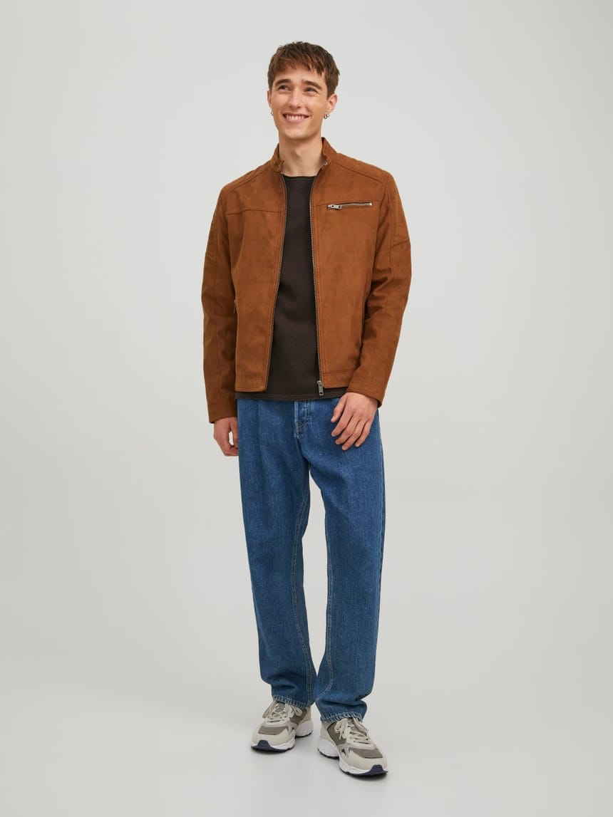 Men’s Tan Brown Leather Jacket – Classic Stand Collar Zip-Up