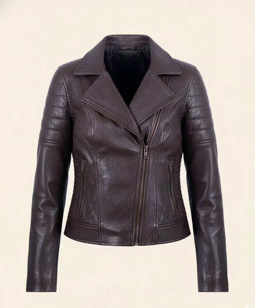 Women’s Brown Leather Biker Jacket – Asymmetrical Zip & Quilted Detail