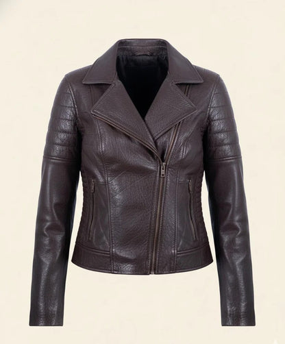 Women’s Brown Leather Biker Jacket – Asymmetrical Zip & Quilted Detail