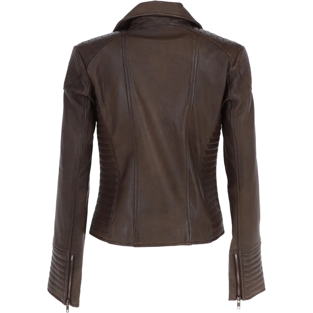 Women’s Brown Leather Biker Jacket – Asymmetrical Zip & Quilted Detail