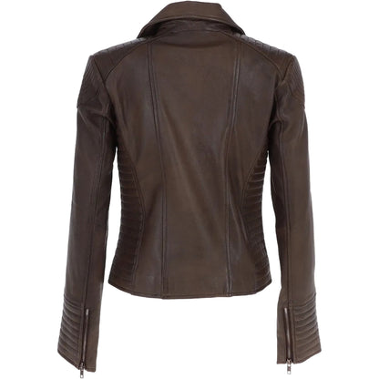 Women’s Brown Leather Biker Jacket – Asymmetrical Zip & Quilted Detail