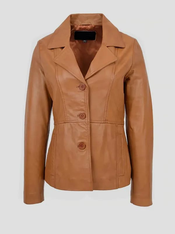 Women’s Tan Genuine Leather Blazer Jacket – Classic Buttoned Style