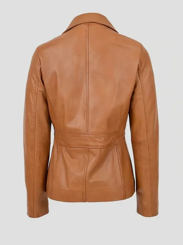 Women’s Tan Genuine Leather Blazer Jacket – Classic Buttoned Style