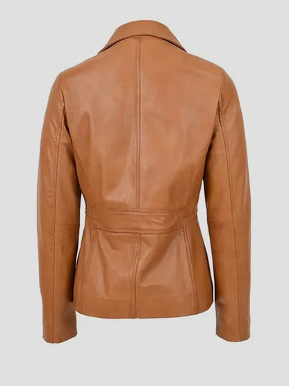 Women’s Tan Genuine Leather Blazer Jacket – Classic Buttoned Style