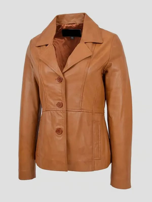 Women’s Tan Genuine Leather Blazer Jacket – Classic Buttoned Style