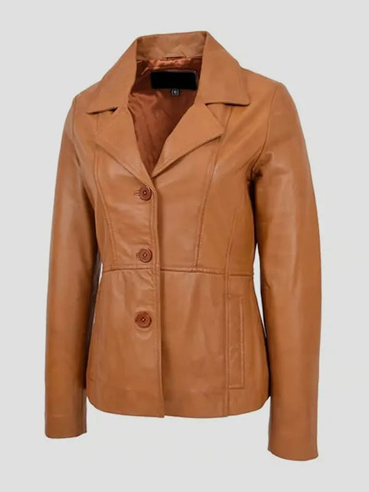 Women’s Tan Genuine Leather Blazer Jacket – Classic Buttoned Style
