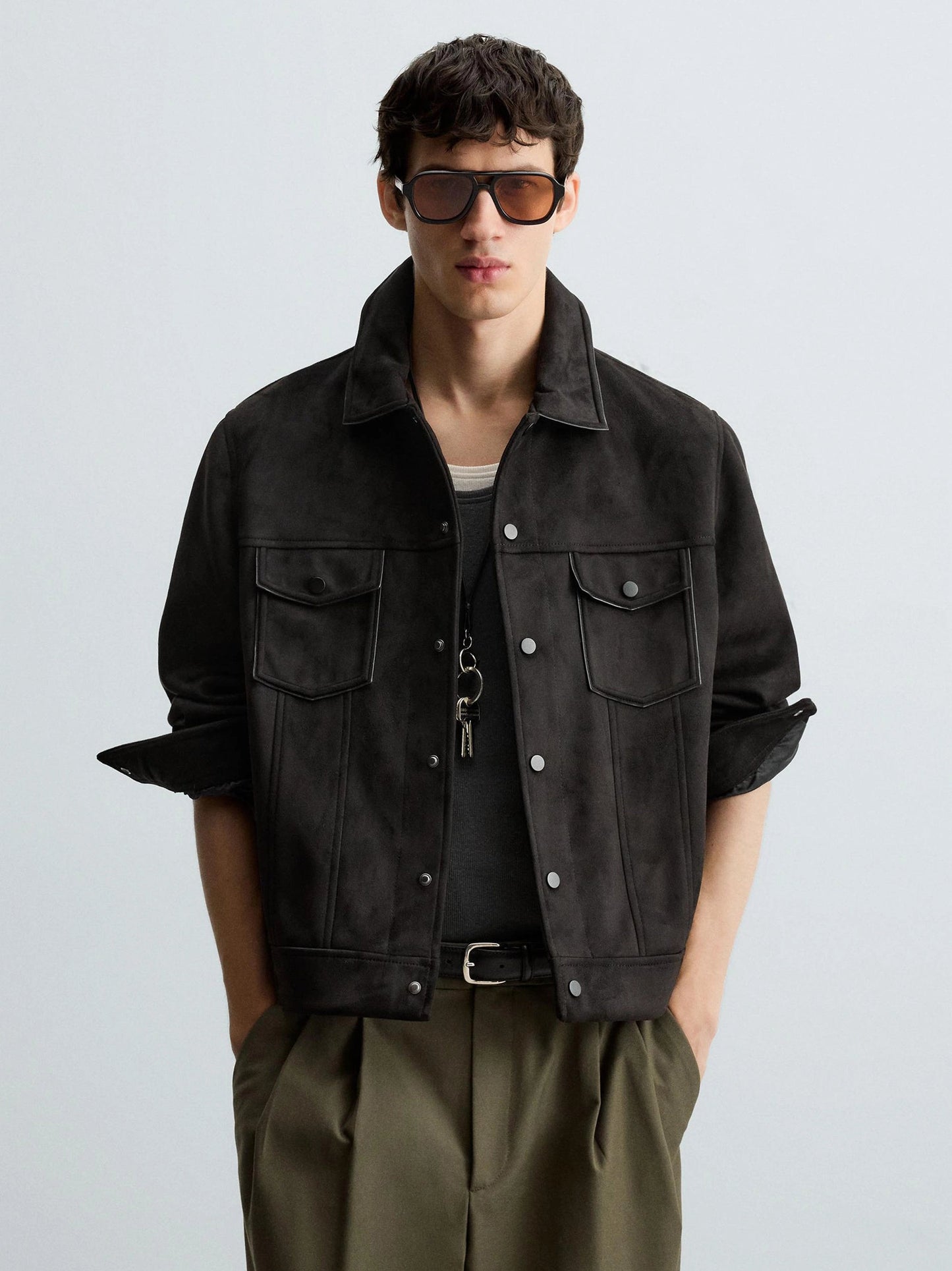 Men’s Premium Leather Suede Trucker Jacket in Onyx Black