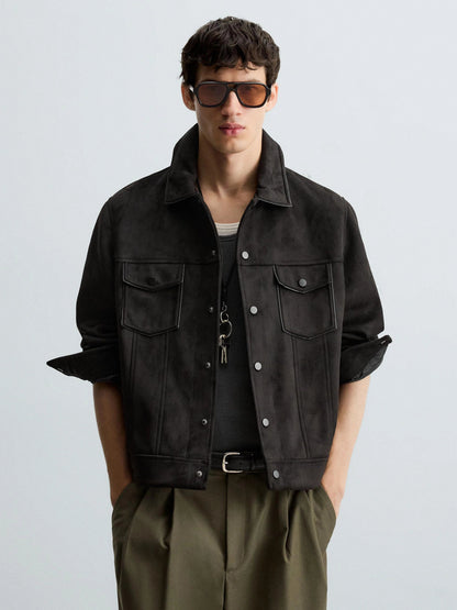 Men’s Premium Leather Suede Trucker Jacket in Onyx Black