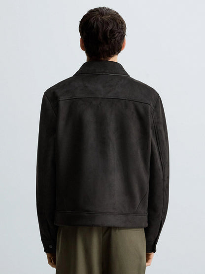 Men’s Premium Leather Suede Trucker Jacket in Onyx Black