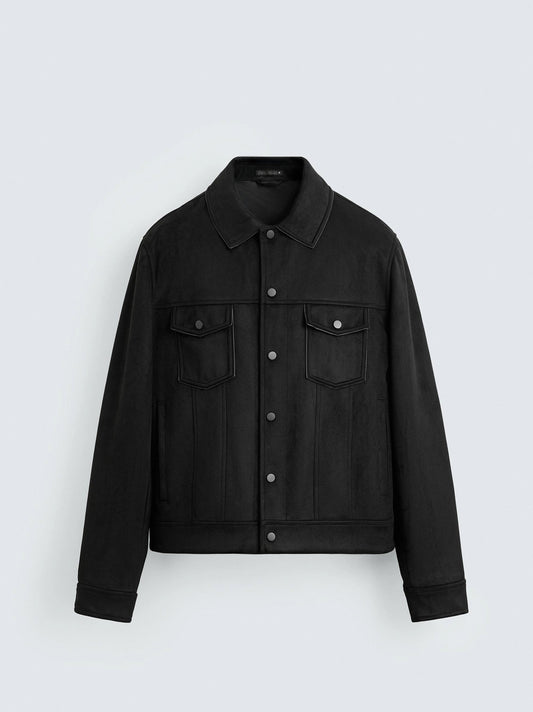 Men’s Premium Leather Suede Trucker Jacket in Onyx Black