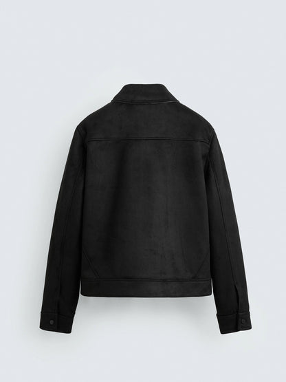 Men’s Premium Leather Suede Trucker Jacket in Onyx Black